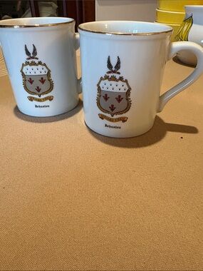 White Porcelain Johnston Crest Mugs with Gold Trim - Set of 2